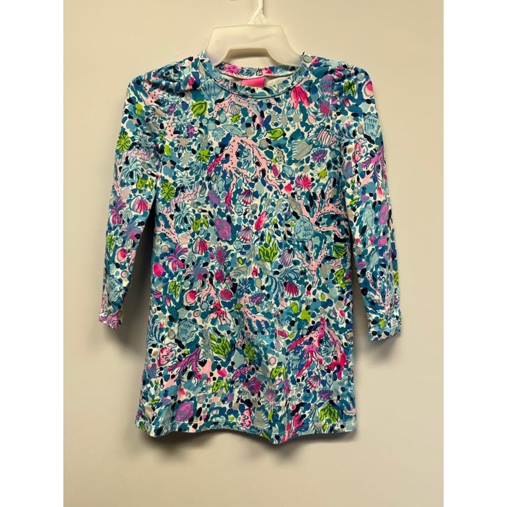 Lilly Pulitzer Girls Mini Shift Dress Blue Underwater Print Long Sleeve M 6-7
